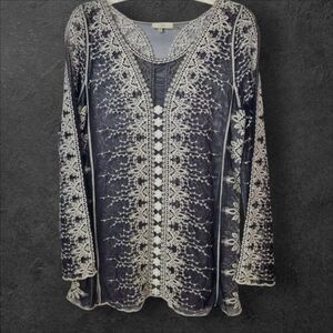 Capri Sheer Blouse Womens Small Black White Embroidery Lace Detail Lagenlook